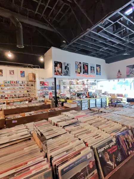 Record bins on the south side of the boulevard